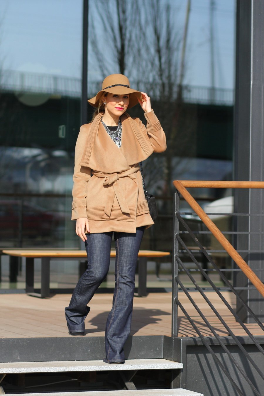 Open-Front Woolen Woman Coat, Flared Jeans and Hat Outfit / Stasha Fashion Blog by Anastasija Milojević