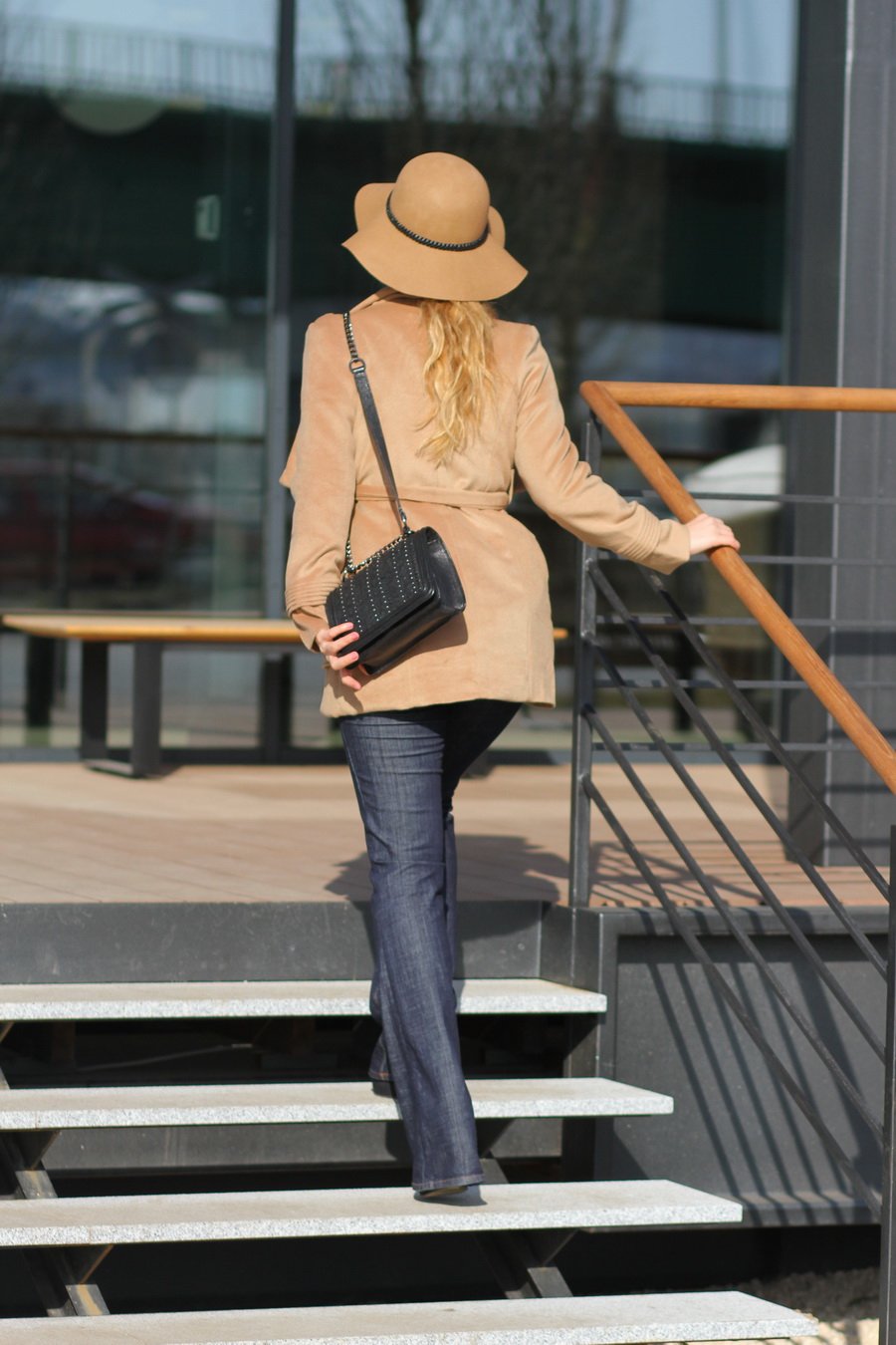 Open-Front Woolen Woman Coat, Flared Jeans and Hat Outfit / Stasha Fashion Blog by Anastasija Milojević