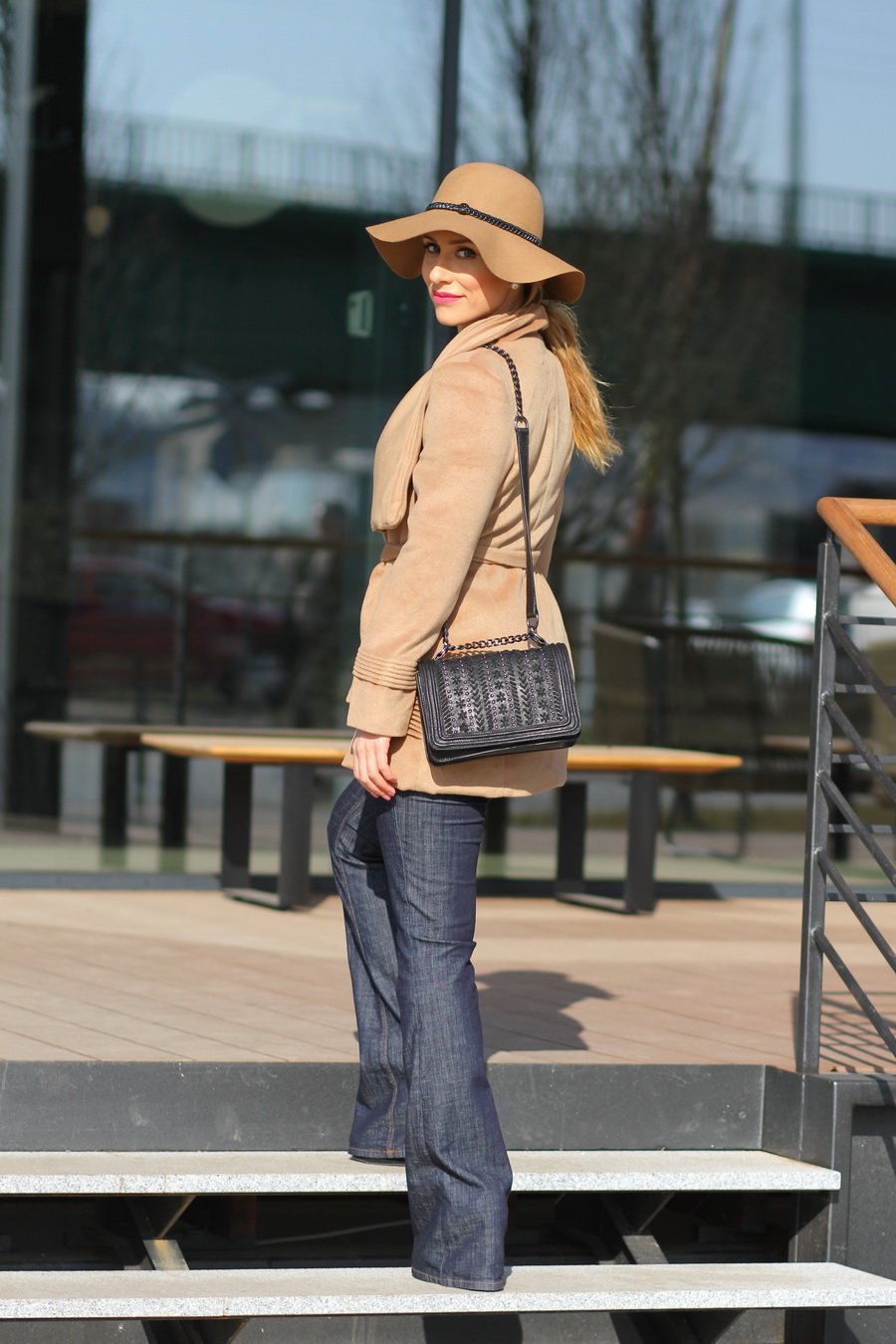 Open-Front Woolen Woman Coat, Flared Jeans and Hat Outfit / Stasha Fashion Blog by Anastasija Milojević