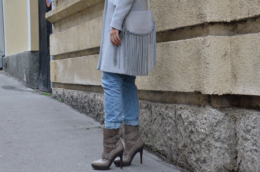 Grey Coat and  Fringe Bag Outfit - Stasha Fashion By Anastasija Milojevic