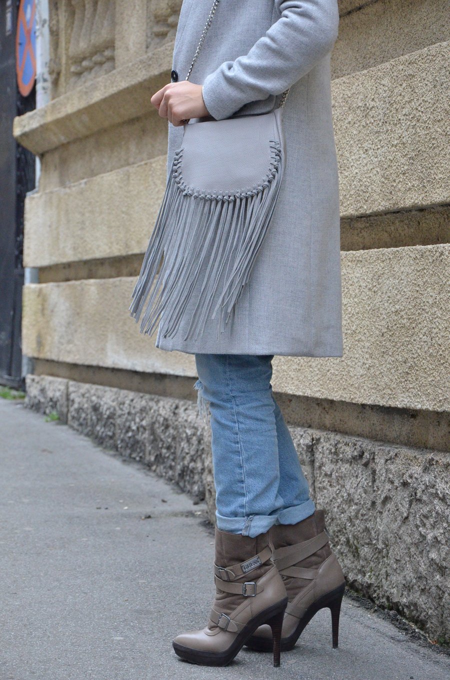 Grey Coat and  Fringe Bag Outfit - Stasha Fashion By Anastasija Milojevic