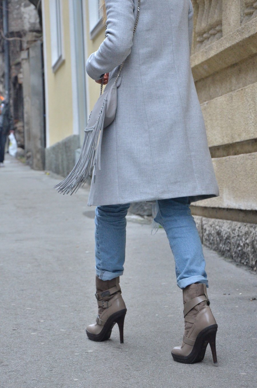 Grey Coat and  Fringe Bag Outfit - Stasha Fashion By Anastasija Milojevic