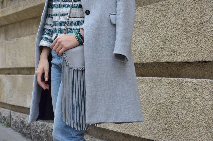 Grey Coat and  Fringe Bag Outfit - Stasha Fashion By Anastasija Milojevic